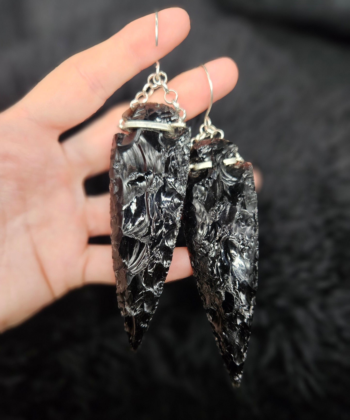 OBSIDIAN Arrowhead Earrings XL / Silver