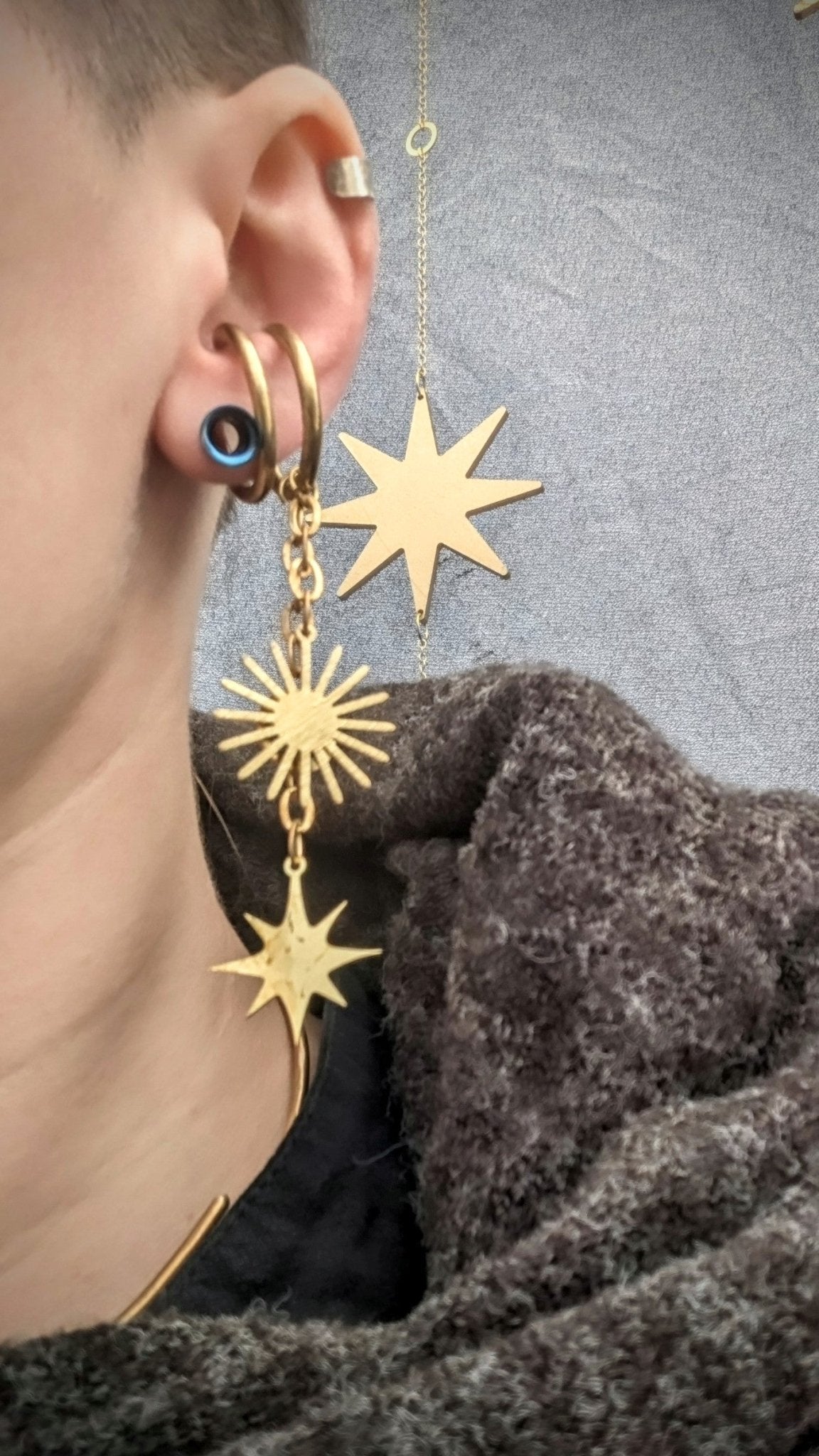 DARKSTAR MACHINATIONS - Large Star & Sun Dangle Earcuff - earcuff