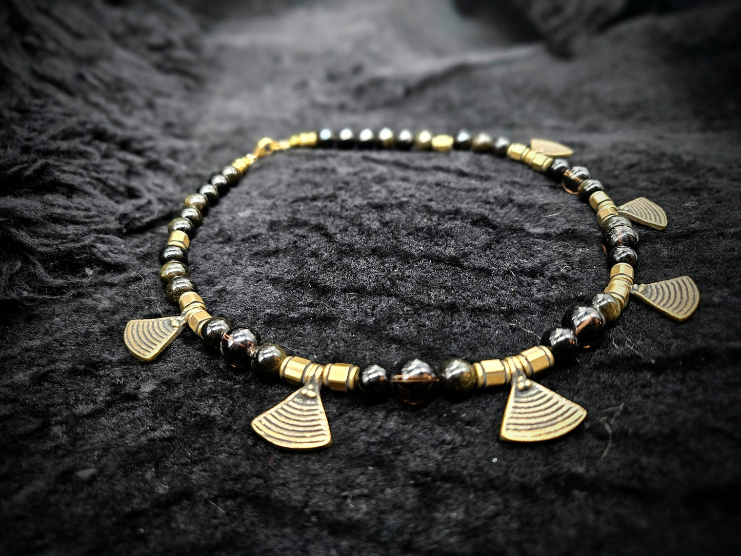 Triangle Tab Necklace / Gold Obsidian & Smoky Quartz
