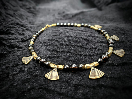 Triangle Tab Necklace / Gold Obsidian & Smoky Quartz