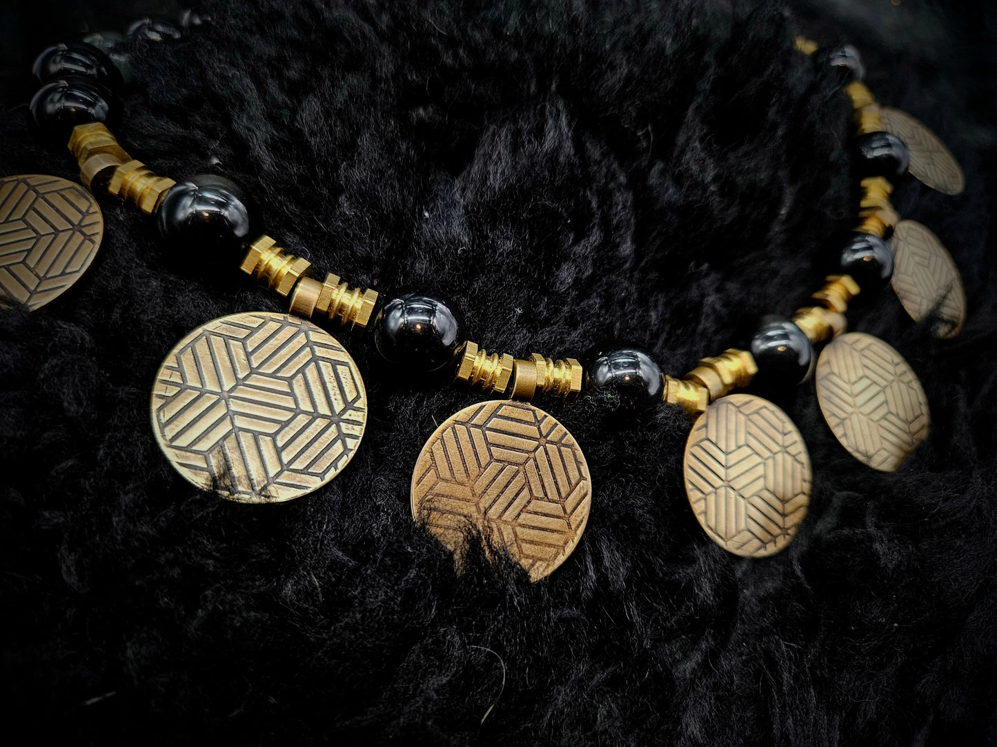 Brass Coin Necklace / Rainbow Obisidian