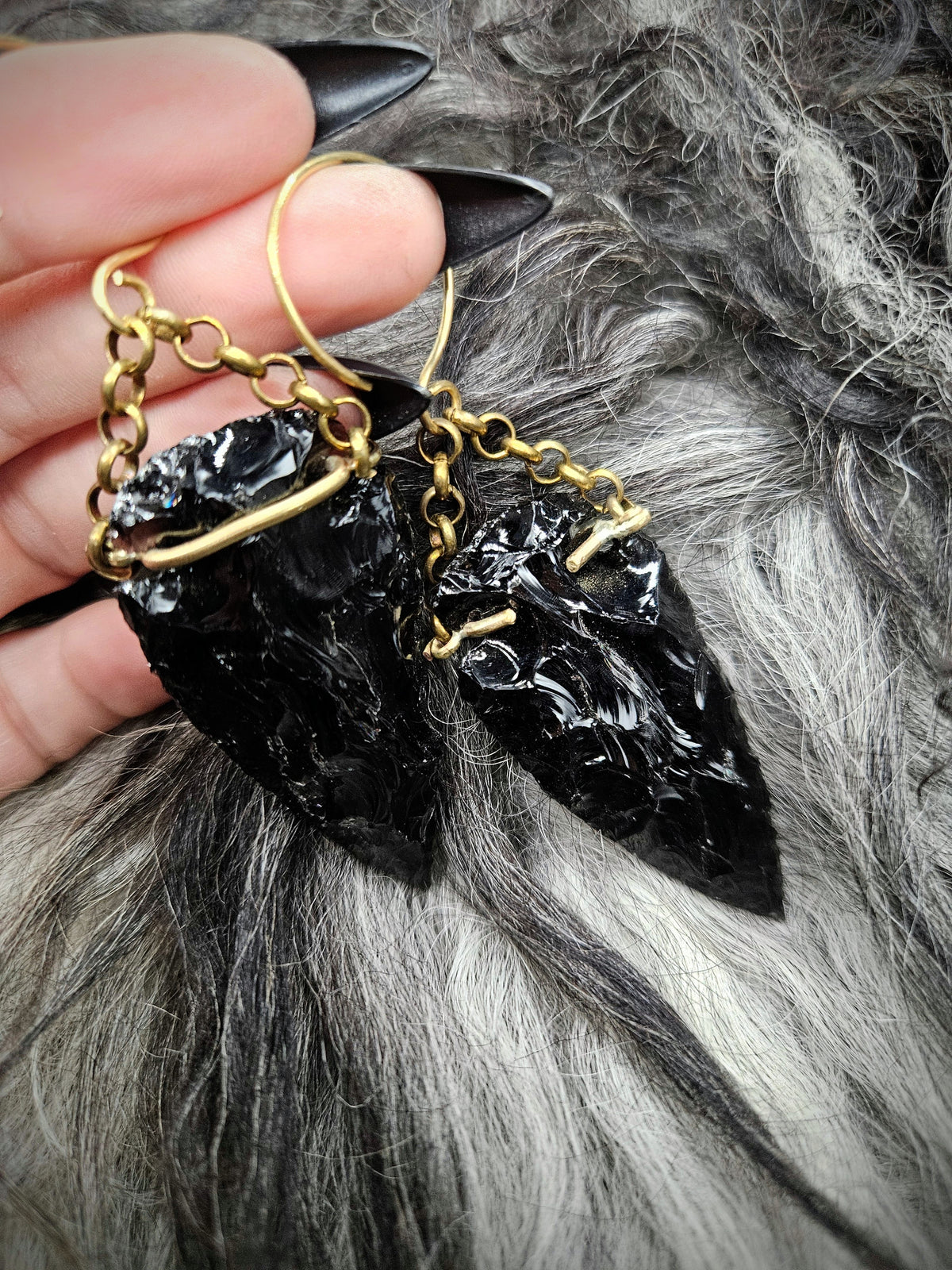 OBSIDIAN Arrowhead Earrings / Brass