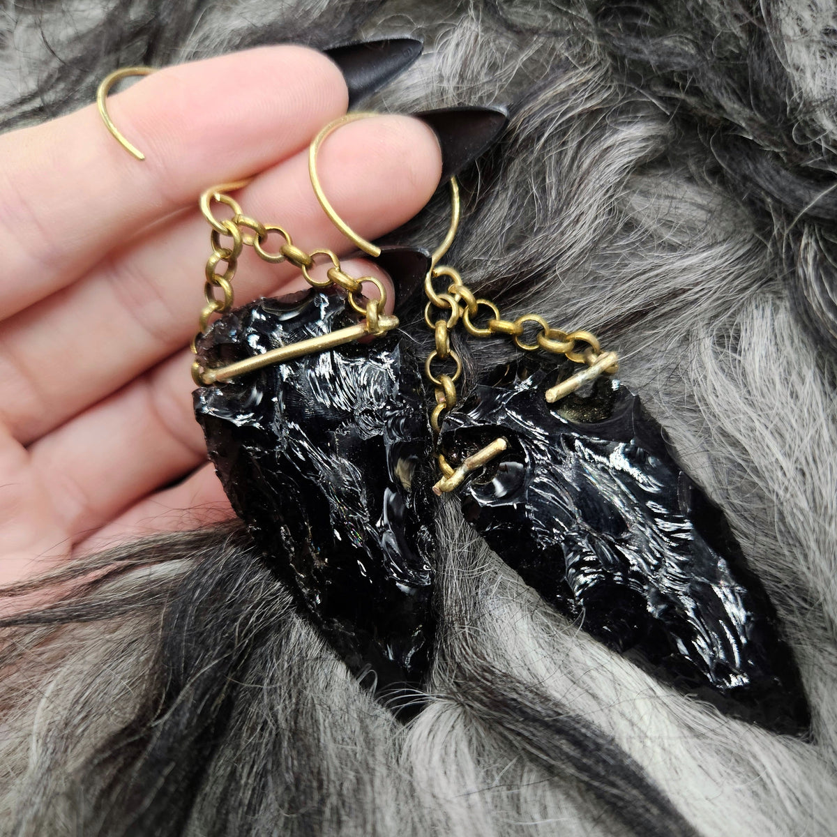 OBSIDIAN Arrowhead Earrings / Brass