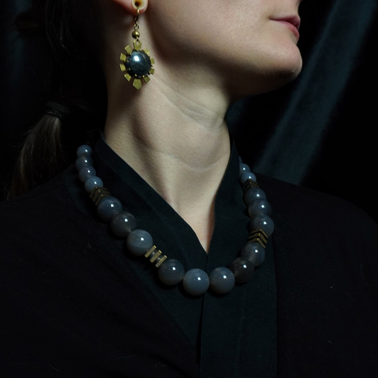 MIROKU Necklace / Grey Agate / Brass