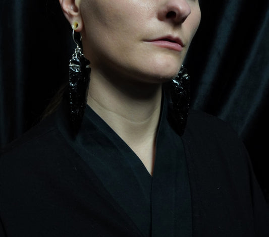 OBSIDIAN Arrowhead Earrings XL / Silver
