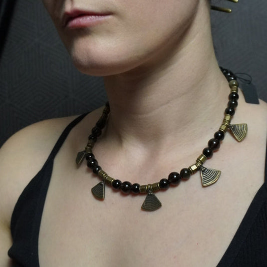 Triangle Tab Necklace / Gold Obsidian & Smoky Quartz