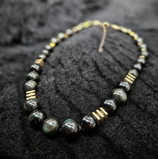 MIROKU Necklace / Rainbow Obsidian / Brass