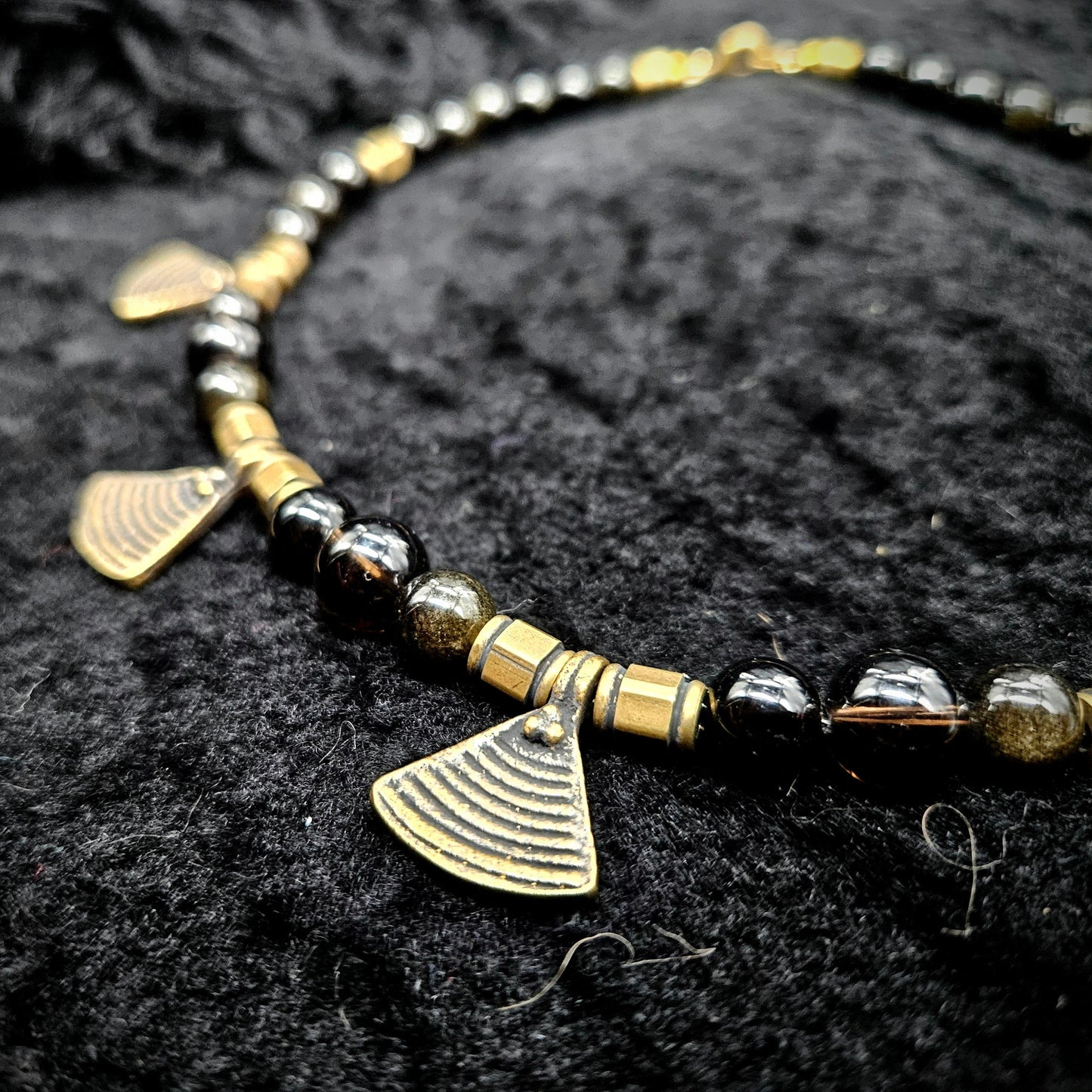 Triangle Tab Necklace / Gold Obsidian & Smoky Quartz